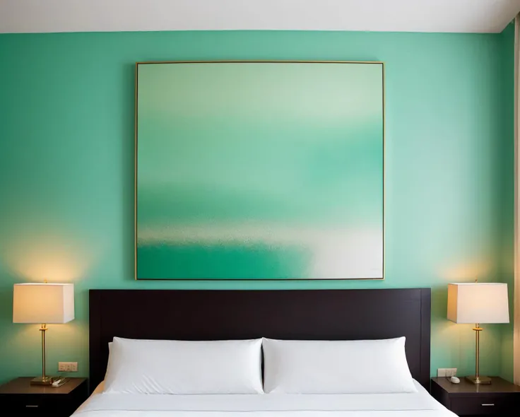 [professional::0.3][intricate:0.3:0.7][digital:0.7]-photography, seafoam square, green border,<lora:geometrics:0.8>, (modern, abstract painting on a wall, framed:1.2), hotel room art, opulent room, wide-angle shot, bed, wall, pillows, wood, picture-perfect