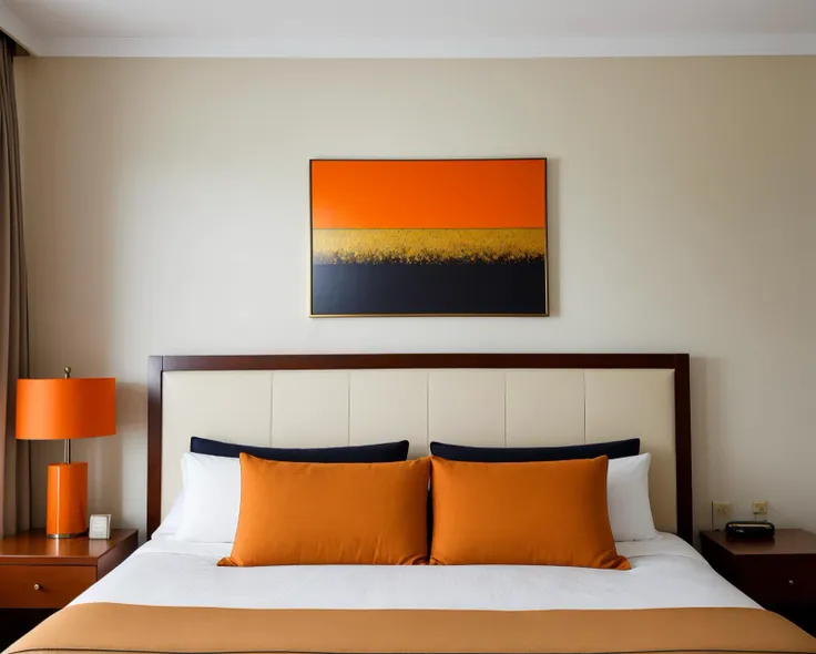 [professional::0.3][intricate:0.3:0.7][digital:0.7]-photography, emerald square, orange border,<lora:geometrics:0.8>, (modern, abstract painting on a wall, framed:1.2), hotel room art, opulent room, wide-angle shot, bed, wall, pillows, wood, woman asleep in the bed, picture-perfect