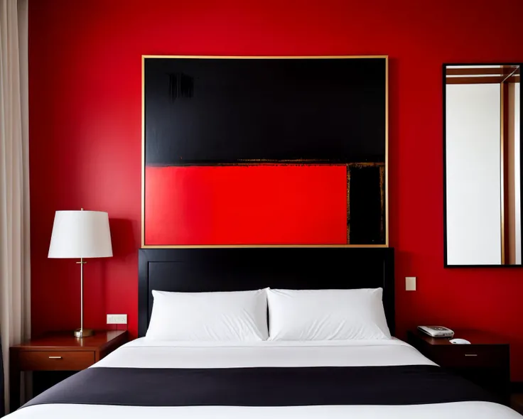 [professional::0.3][intricate:0.3:0.7][digital:0.7]-photography, crimson square, black border,<lora:geometrics:0.8>, (modern, abstract painting on a wall, framed:1.2), hotel room art, opulent room, wide-angle shot, bed, wall, pillows, wood, picture-perfect