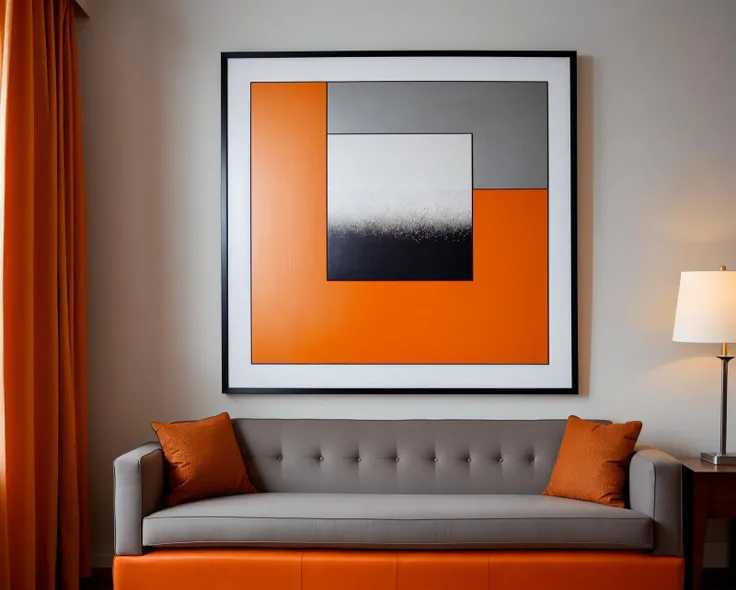 [professional::0.3][intricate:0.3:0.7][digital:0.7]-photography, grey square, orange border,<lora:geometrics:1>, (modern, abstract painting on a wall, framed:1.2), hotel room art, opulent room, wide-angle shot, couch, end-tables, decorative pillows, picture-perfect