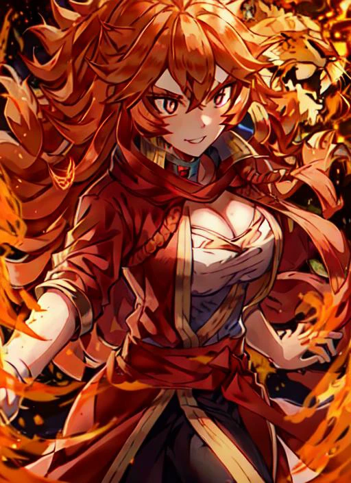 <lora:ANIME_BlackClover_mereoleonaVermillion:1>, 1girl, long orange hair, red robe, red face paint, <lora:FEATURE_firevfx_betterfire_v1:0.2>, fire, flames, lion, slit pupils, cat eyes, adult, muscular, 64K, f1.2, 800mm, UHD, dynamic lighting