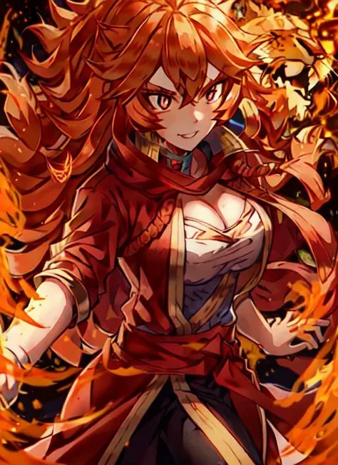 <lora:ANIME_BlackClover_mereoleonaVermillion:1>, 1girl, long orange hair, red robe, red face paint, <lora:FEATURE_firevfx_betterfire_v1:0.2>, fire, flames, lion, slit pupils, cat eyes, adult, muscular, 64K, f1.2, 800mm, UHD, dynamic lighting
