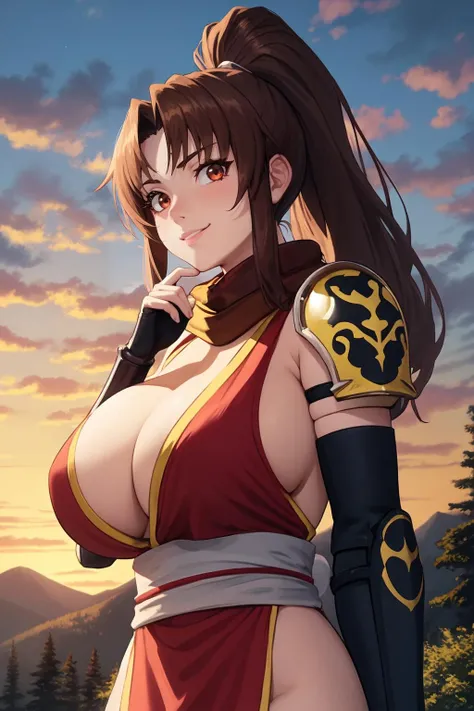 (best quality, high quality:1.2), cinematic lighting, shadows, digital art,
(ojou-sama pose, laughing:1.1), (hand on own chin:1.3)
fudouayame, 1girl, sunset, outdoors, park, complex background, mountains, upper body, from below, sunset
looking at viewer,
brown hair, long hair, ponytail, eyeshadow, detailed face, brown eyes,
red ninja outfit, sideboob, scarf, sash, red (single pauldron:1.1), single gauntlet, gloves, pelvic curtain,
huge breasts, cleavage, thighs,
<lora:FudouAyame:0.9>