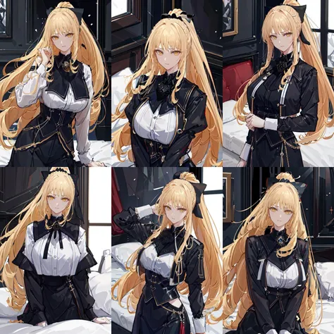 (otherworldly, otherworldly atmosphere, otherworldly appearance), highly insanely detailed, masterpiece, top quality, best quality, highres, 4k, 8k, RAW photo, 1lady, (mature female), (milf), 
rose_oriana_(kage_no_jitsuryokusha_ni_naritakute!), blonde hair, yellow eyes, drill hair, twin drills, 
(ponytail,high ponytail:1.3), hair bow, black bow, (white shirt:1.2), long sleeves, black pants, (black choker), 
(night:1.58), (white bed sheet, white background,Indoor, Room, velvet room, Bedroom,on bed,bed:1.28), 
official art, original, 
(huge breasts:1.08), 
face lighting, cinematic lighting, caustics, 
xxxxxxxxxxxw, <lora:æ³è¦æä¸ºå½±ä¹å®åè-èå¹:0.8>, (fantasy world)