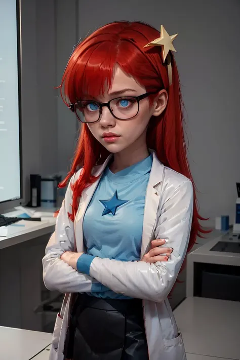 (masterpiece, best quality), 1girl,  <lora:Susan_Test_Leaf1:1> Susan test, glasses, long hair, red hair, labcoat, black skirt, blue eyes, star hair ornament ,hair ornament, blue shirt,