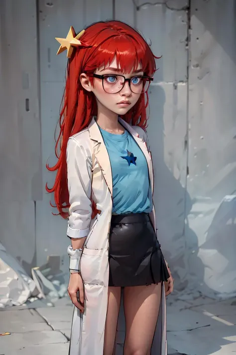 (masterpiece, best quality), 1girl, <lora:Susan_Test_Leaf2:1> 1girl, Susan test, glasses, long hair, red hair, labcoat, black skirt, blue eyes, star hair ornament ,hair ornament, blue shirt, open clothes