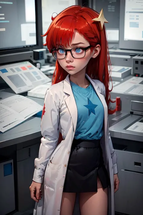 (masterpiece, best quality), 1girl, <lora:Susan_Test_Leaf1:1> Susan test, glasses, long hair, red hair, labcoat, black skirt, blue eyes, star hair ornament ,hair ornament, blue shirt,