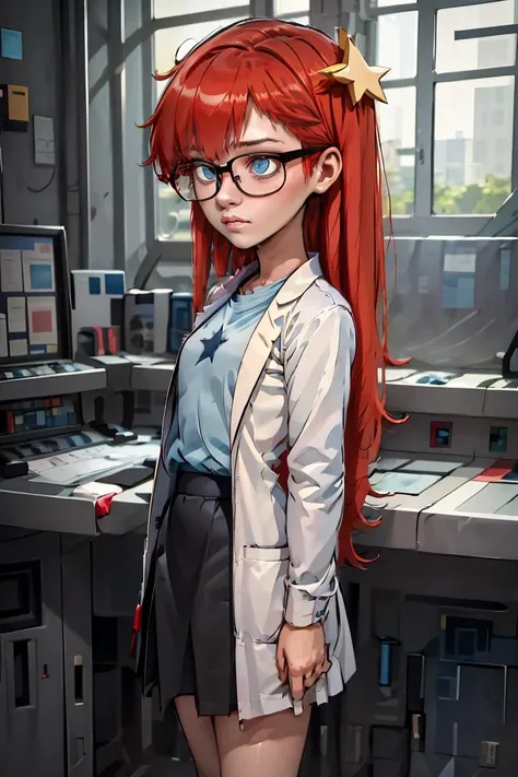 (masterpiece, best quality), 1girl, <lora:Susan_Test_Leaf1:1> Susan test, glasses, long hair, red hair, labcoat, black skirt, blue eyes, star hair ornament ,hair ornament, blue shirt,