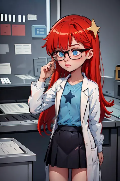 (masterpiece, best quality), 1girl,  <lora:Susan_Test_Leaf1:1> Susan test, glasses, long hair, red hair, labcoat, black skirt, blue eyes, star hair ornament ,hair ornament, blue shirt,