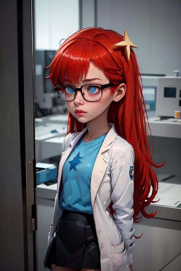 (masterpiece, best quality), 1girl, <lora:Susan_Test_Leaf1:1> Susan test, glasses, long hair, red hair, labcoat, black skirt, blue eyes, star hair ornament ,hair ornament, blue shirt,