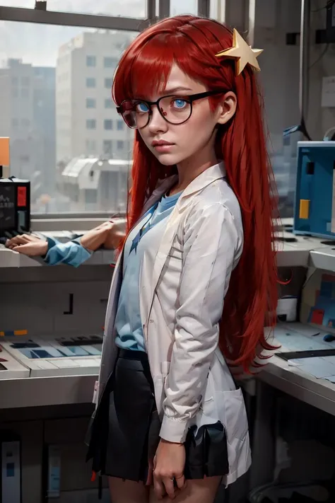 (masterpiece, best quality), 1girl, <lora:Susan_Test_Leaf2:1> 1girl, Susan test, glasses, long hair, red hair, labcoat, black skirt, blue eyes, star hair ornament ,hair ornament, blue shirt, open clothes