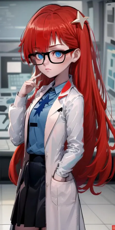 (((Ultra-HD, Ultra-HD-details))) <lora:Susan_Test_Leaf1:1> Susan-test, glasses, long-hair, red-hair, labcoat, black-skirt, blue-eyes, star-hair-ornament , hair-ornament, blue-shirt,