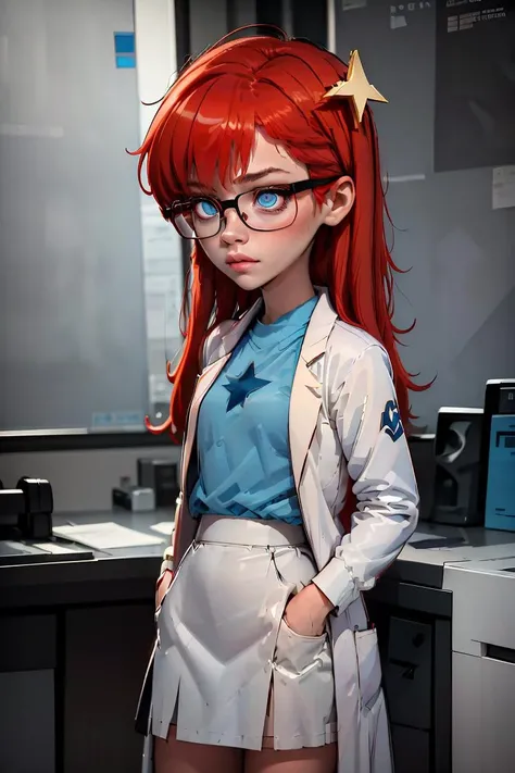 (masterpiece, best quality), 1girl, <lora:Susan_Test_Leaf1:1> Susan test, glasses, long hair, red hair, labcoat, black skirt, blue eyes, star hair ornament ,hair ornament, blue shirt,