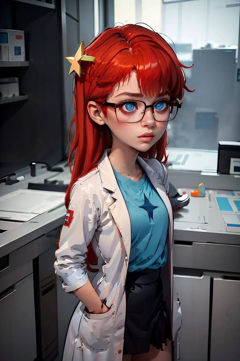 (masterpiece, best quality), 1girl, <lora:Susan_Test_Leaf1:1> Susan test, glasses, long hair, red hair, labcoat, black skirt, blue eyes, star hair ornament ,hair ornament, blue shirt,