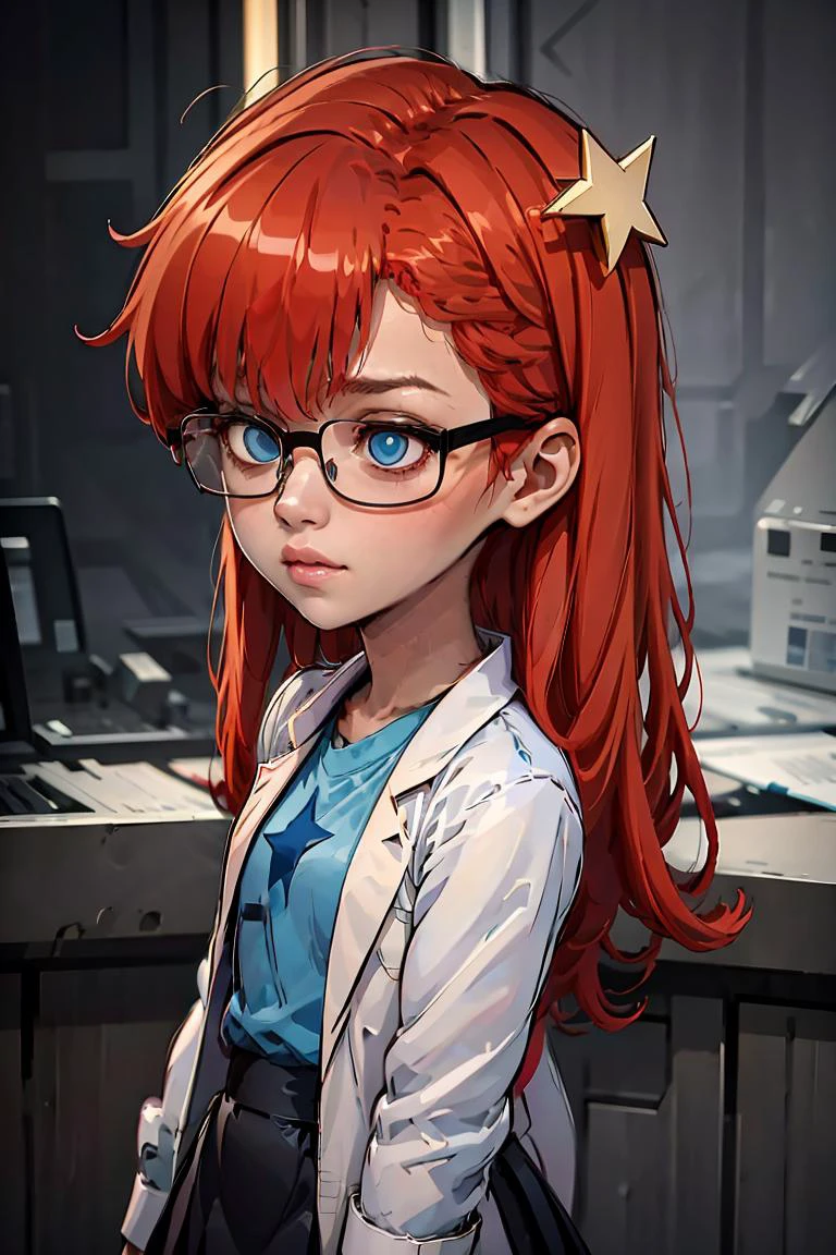 (masterpiece, best quality), 1girl, <lora:Susan_Test_Leaf1:1> Susan test, glasses, long hair, red hair, labcoat, black skirt, blue eyes, star hair ornament ,hair ornament, blue shirt,