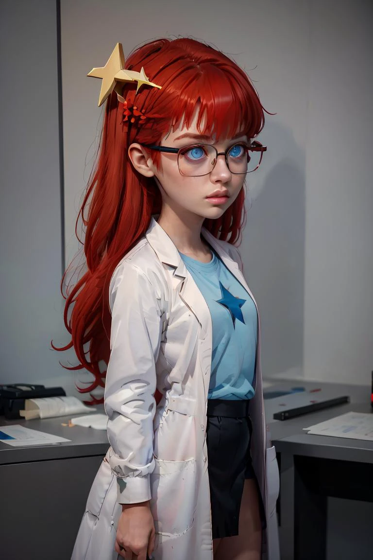 (masterpiece, best quality), 1girl, <lora:Susan_Test_Leaf1:1> Susan test, glasses, long hair, red hair, labcoat, black skirt, blue eyes, star hair ornament ,hair ornament, blue shirt,