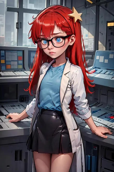 (masterpiece, best quality), 1girl, <lora:Susan_Test_Leaf2:1> 1girl, Susan test, glasses, long hair, red hair, labcoat, black skirt, blue eyes, star hair ornament ,hair ornament, blue shirt, open clothes