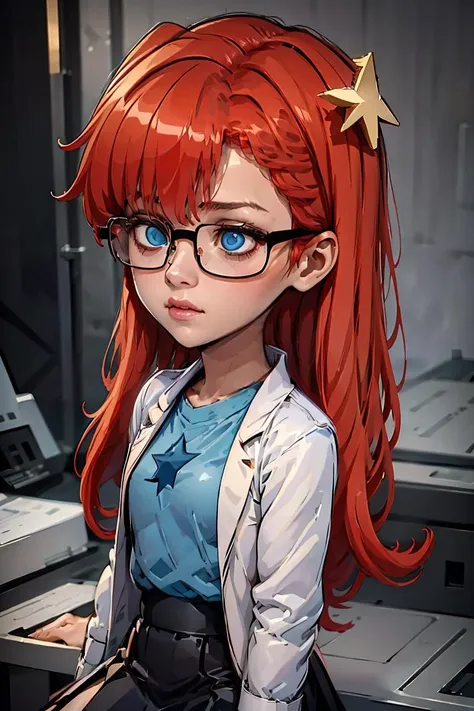 (masterpiece, best quality), 1girl,  <lora:Susan_Test_Leaf1:1> Susan test, glasses, long hair, red hair, labcoat, black skirt, blue eyes, star hair ornament ,hair ornament, blue shirt,