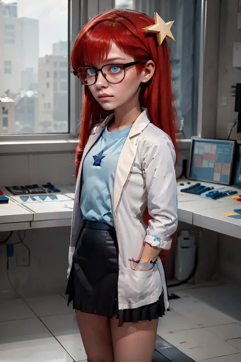 (masterpiece, best quality), 1girl, <lora:Susan_Test_Leaf2:1> 1girl, Susan test, glasses, long hair, red hair, labcoat, black skirt, blue eyes, star hair ornament ,hair ornament, blue shirt, open clothes