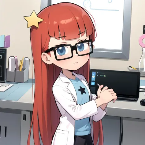 solo, 1girl, Susan test, Red hair, long hair, blunt bangs , blue eyes, star hair ornament, glasses, lab coat, black skirt , blue t-shirt,  <lora:Susan_Test_Leaf5:0.6>, cowboy shot, looking at viewer,