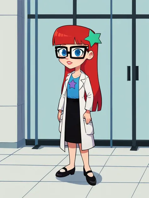 score_6, score_8_up BREAK, masterpiece, perfect face, perfect hands, high quality, (1girl, solo,) style_toon,  <lora:SusanTest_LeafXL_2:0.74> solo, 1girl, Susan, Red hair, long hair, blunt bangs , blue eyes,  glasses,() black skirt , blue t-shirt,  star hair ornament, lab coat , long sleeves,