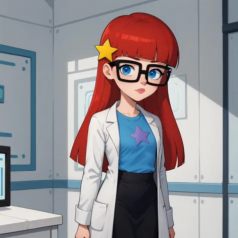 <lora:SusanTest_LeafXL_2:0.8>,
solo,Susan,1girl,Red hair,long hair,star hair ornament,blunt bangs,blue eyes,glasses,lab coat,blue t-shirt,long sleeves,black skirt,