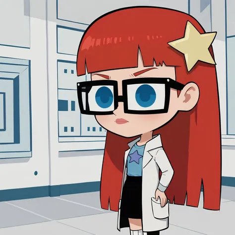 <lora:SusanTest_LeafXL_2>,
solo,chibi,
Susan,1girl,Red hair,long hair,star hair ornament,blunt bangs,blue eyes,glasses,lab coat,blue t-shirt,long sleeves,black skirt,