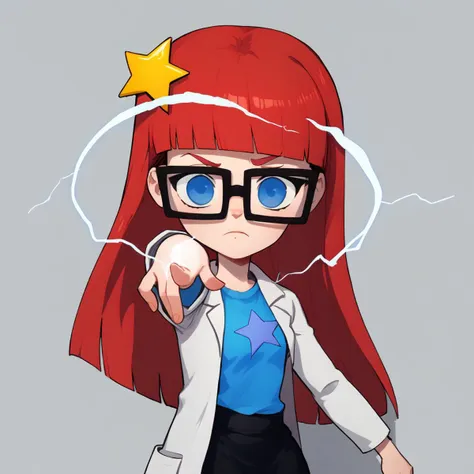 score_8_up, BREAK, source_cartoon, solo, 1girl, Susan, Red hair, long hair, blunt bangs , blue eyes,  glasses, black skirt , blue t-shirt,  star hair ornament, lab coat , long sleeves,  <lora:SusanTest_LeafXL_3-10:1>,  pointing electricity,  <lora:only_my_railgun_pony:1>,