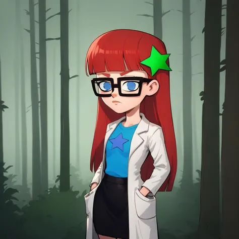 score_8_up, BREAK, source_cartoon, solo, 1girl, Susan, Red hair, long hair, blunt bangs , blue eyes,  glasses, black skirt , blue t-shirt,  star hair ornament, lab coat , long sleeves,  <lora:SusanTest_LeafXL_3-10:1>, forest, hands in pockets,