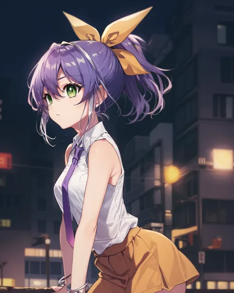 1girl, serena, purple hair, green eyes, yellow bow, ponytail, silver bracelet,
outdoors, city, urban,
sleeveless collared shirt, necktie, skirt, 

<lora:Serena v2 e6:0.9>