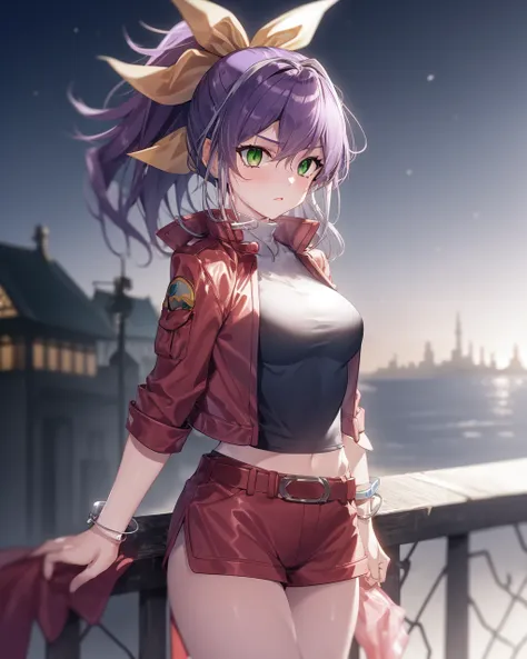 1girl, serena, purple hair, green eyes, yellow bow, red jacket, ponytail, red shorts, sleeves rolled up, silver bracelet,
outdoors, evening, island, extravagant school building in background,

<lora:Serena v2 e6:0.9>