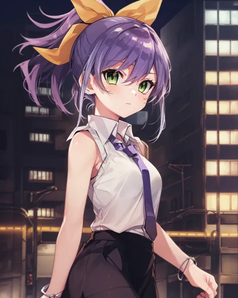 1girl, serena, purple hair, green eyes, yellow bow, ponytail, silver bracelet,
outdoors, city, urban, facing viewer,
sleeveless collared shirt, necktie, skirt, 

<lora:Serena v2 e6:0.9>