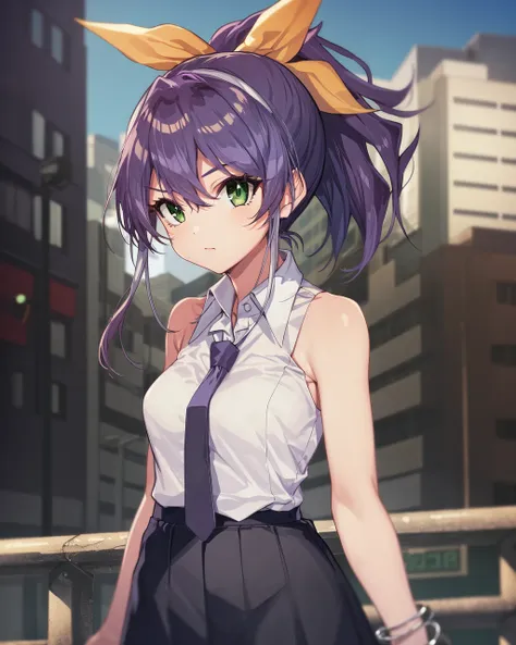 1girl, serena, purple hair, green eyes, yellow bow, ponytail, silver bracelet,
outdoors, city, urban, facing viewer,
sleeveless collared shirt, necktie, skirt, 

<lora:Serena v2 e6:0.9>