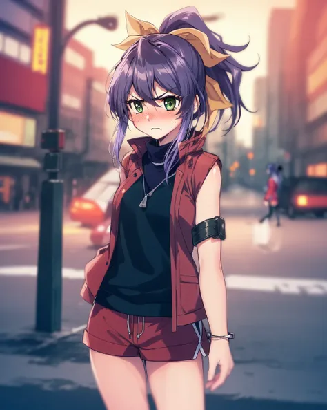 1girl, serena, purple hair, green eyes, ponytail, hair ribbon, red jacket, black shirt, red shorts, bracelet,
outdoors, city, urban, facing viewer, blush, annoyed,

<lora:Serena v2 e6:0.8>