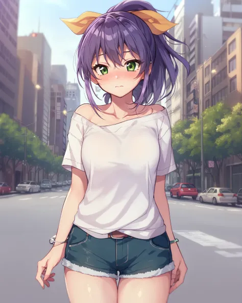 1girl, serena, purple hair, green eyes, ponytail, hair ribbon, cute, casual, bracelet,
outdoors, city, urban, facing viewer, blush, nervous, oversized shirt, tucked in, shorts, collarbone,

<lora:Serena v2 e6:0.8>