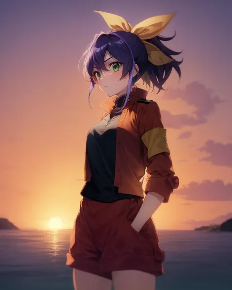 1girl, serena, purple hair, green eyes, yellow bow, red jacket, ponytail, red shorts, sleeves rolled up,
outdoors, island, orange sky, evening, island, academy,
<lora:Serena v2 e6:1>