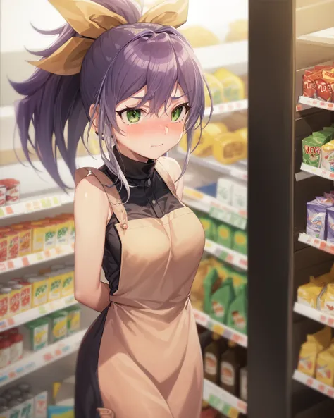 1girl, serena, purple hair, green eyes, yellow bow, ponytail, silver bracelet,
indoors, convenience store, apron, employee uniform, embarrassed, arms behind back,

<lora:Serena v2 e6:0.9>