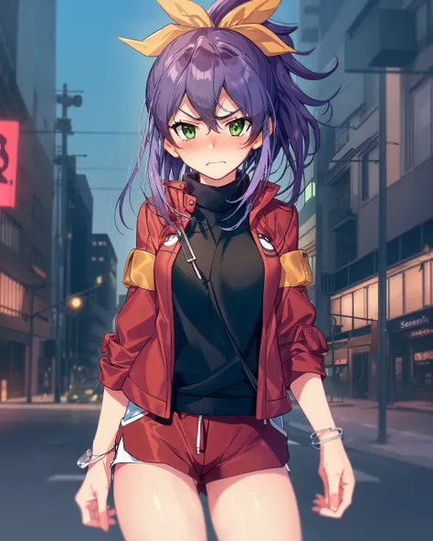 1girl, serena, purple hair, green eyes, ponytail, hair ribbon, red jacket, red shorts, bracelet
outdoors, city, urban, facing viewer, blush, annoyed,

<lora:Serena v2 e6:0.9>