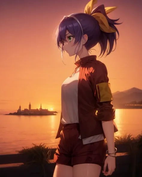 1girl, serena, purple hair, green eyes, yellow bow, red jacket, ponytail, red shorts, sleeves rolled up, silver bracelet,
outdoors, island, orange sky, evening, island, extravagant school building in background,

<lora:Serena v2 e6:0.9>