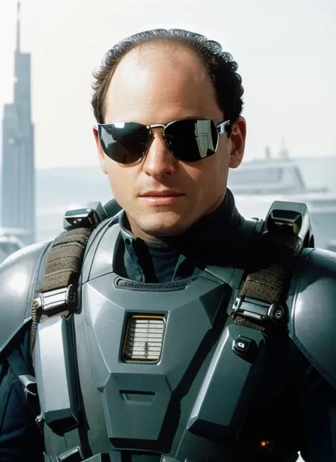 gc1, glasses, Future Space Soldier: Futuristic Armor, High-Tech Helmet, Advanced Weaponry, Power Suit, Exoskeleton Enhancements, Laser Rifle, Energy Shields, Anti-Gravity Boots, Cybernetic Enhancements, Visor Display, Galactic Conflict, Space Battles, Interstellar Missions, Intergalactic Defense, Hi-tech Gadgets, Combat-ready Stance, Jetpack, Futuristic Vehicles, Alien Planets, Futuristic Cityscapes, Special Ops Unit, Tactical Team, Space Exploration, Elite Training, Galactic Empire, Cosmic Threats. <lora:GeorgeCostanza:1>