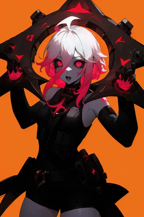 cowboy shot, brshk,female,white eyes,colored sclera,ahoge,hands up,black clothes, orange background, <lora:briar-t13:1> + cyberpunk city