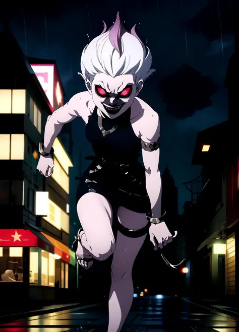 evilbriar, full body,city outdoors,rain,night, dark background,white hair, bracelet,  <lora:evilbriar-t1-000060:1>