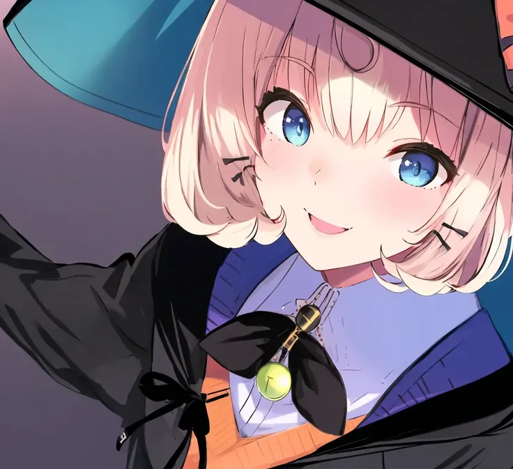 One Girl , Millie , witch hat , sweater , pleated skirt , pantyhose , robe , bow , Portrait , highly detailed , highly detailed face , smile , highly detailed street background , dynamic pose , <lora:Millie:1>