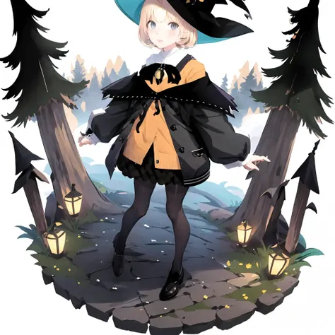 Millie , witch clothes ,witch robe , witch hat , pantyhose , sweater , :3 , white background , round , clouds , trees , stones , ((Gacha Splash)) , highly detailed character , <lora:Millie:1> <lora:gachaSplashLORA_gachaSplash31:1>