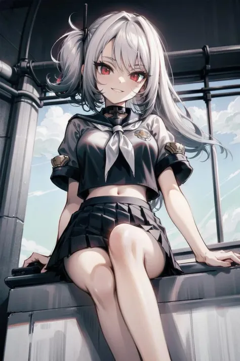 <lora:u-410_v1.0:0.7>,u-410_\(azur_lane\),grey hair,long hair, red eyes, school uniform,pleated skirt, <lora:school_rooftop_v0.1:1> ,school rooftop,smile, sitting, navel, from below, crossed legs,, masterpiece, best quality, extremely detailed face, sharp details, high contrast,