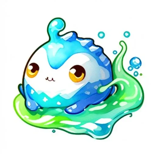 A small and cute little water monster, it has an oval body with brilliant watercolor markings all over its body, and its fin-shaped ears are like bubbles in the water. game icon institute, game icon, well-structured, HD, 2d, white background, <lora:game icon institute_Qkagw_v1:1>