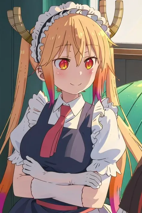 best quality, masterpiece, highres, solo, {tooru_kobayashisanchinomaidragon:1.15}, blonde_hair, horns, dragon_horns, long_hair, dragon_girl, maid_headdress, twintails, multicolored_hair, maid, blush, gradient_hair, necktie, red_eyes, closed_mouth, red_necktie, orange_eyes, hair_between_eyes, breasts, orange_hair, 1girl, gloves, slit_pupils, white_gloves, large_breasts, looking_at_viewer, smile