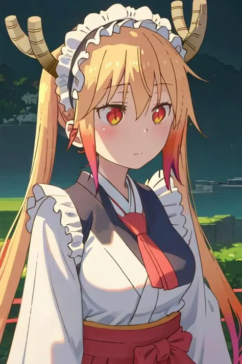 best quality, masterpiece, highres, solo, {white kimono:1.35}, {red hakama:1.35}, {wide sleeves:1.20}, {tooru_kobayashisanchinomaidragon:1.15}, blonde_hair, horns, dragon_horns, long_hair, dragon_girl, maid_headdress, twintails, multicolored_hair, maid, blush, gradient_hair, necktie, red_eyes, closed_mouth, red_necktie, orange_eyes, hair_between_eyes, breasts, orange_hair