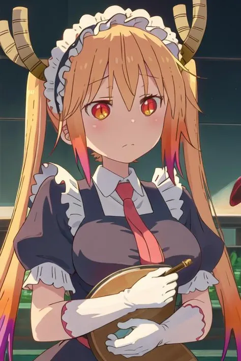 best quality, masterpiece, highres, solo, {tooru_kobayashisanchinomaidragon:1.15}, blonde_hair, horns, dragon_horns, long_hair, dragon_girl, maid_headdress, twintails, multicolored_hair, maid, blush, gradient_hair, necktie, red_eyes, closed_mouth, red_necktie, orange_eyes, hair_between_eyes, breasts, orange_hair, 1girl, gloves, puffy_sleeves, short_sleeves, slit_pupils, white_gloves, puffy_short_sleeves, large_breasts, looking_at_viewer, upper_body