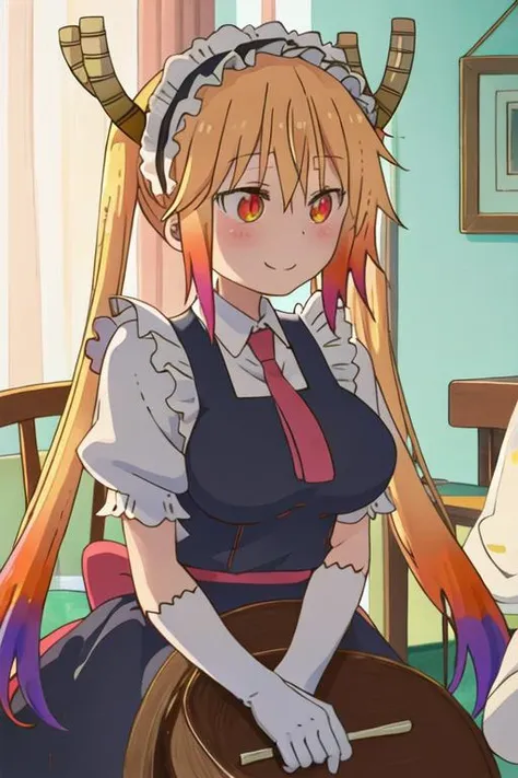 best quality, masterpiece, highres, solo, {tooru_kobayashisanchinomaidragon:1.15}, blonde_hair, horns, dragon_horns, long_hair, dragon_girl, maid_headdress, twintails, multicolored_hair, maid, blush, gradient_hair, necktie, red_eyes, closed_mouth, red_necktie, orange_eyes, hair_between_eyes, breasts, orange_hair, 1girl, anime_coloring, from_side, profile, slit_pupils, indoors, smile, multicolored_eyes